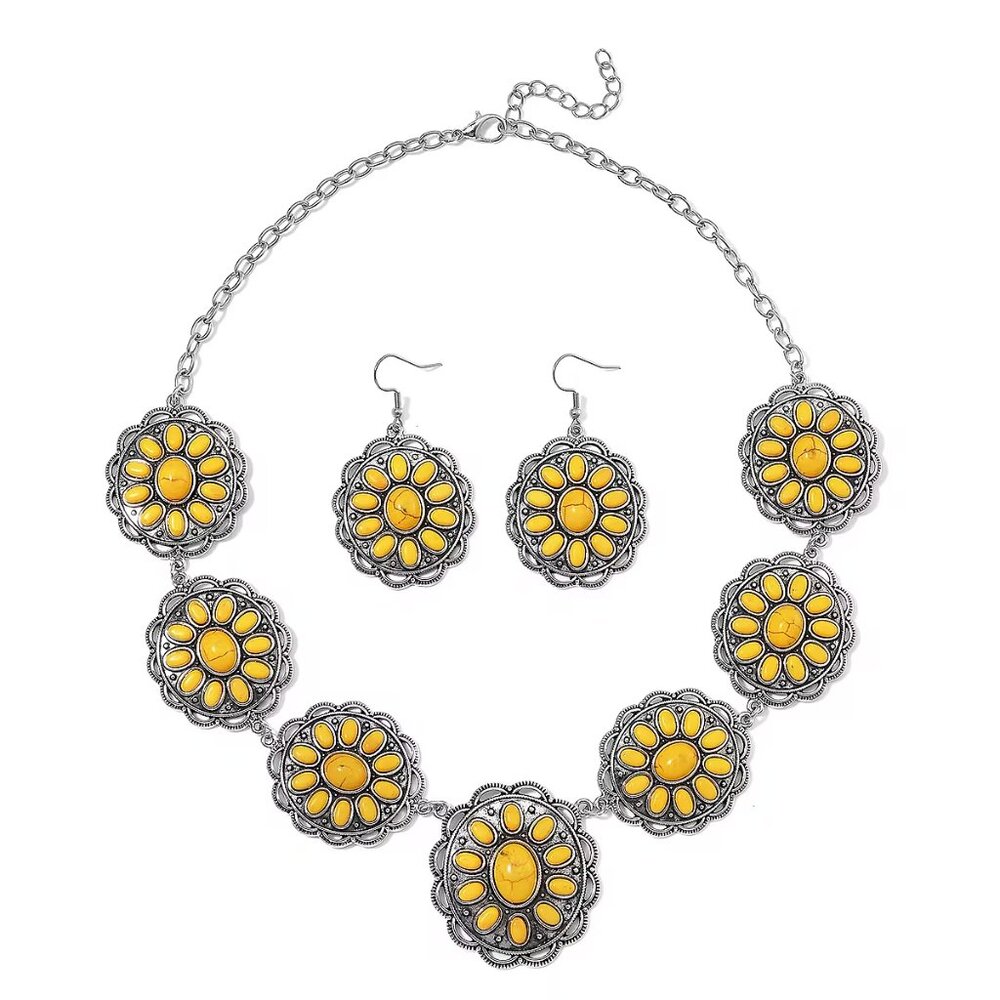 Bold Yellow Howlite Earrings and Necklace in Black Oxidized Silvertone